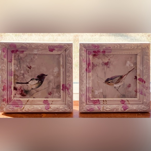 NWT Two 9x9” Delightful Framed Bird Wall Art Paints- Mauve Pinks & Bright White - Picture 3 of 16